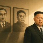 A symbolic illustration showing a transition from old portraits of Kim Il-sung and Kim Jong-il to a modern portrait of Kim Jong-un, with shadows fading away and new light shining on the current leader, representing political transition in North Korea.