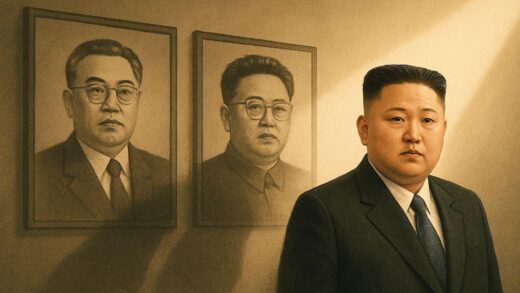 A symbolic illustration showing a transition from old portraits of Kim Il-sung and Kim Jong-il to a modern portrait of Kim Jong-un, with shadows fading away and new light shining on the current leader, representing political transition in North Korea.