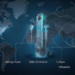 A symbolic illustration showing the decline of American global hegemony, with three pillars labeled 'Military Power', 'Dollar Dominance', and 'Cultural Influence' showing cracks and instability, set against a world map background with shifting geopolitical alliances. The style should be analytical infographic with subtle dramatic lighting.