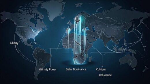 A symbolic illustration showing the decline of American global hegemony, with three pillars labeled 'Military Power', 'Dollar Dominance', and 'Cultural Influence' showing cracks and instability, set against a world map background with shifting geopolitical alliances. The style should be analytical infographic with subtle dramatic lighting.