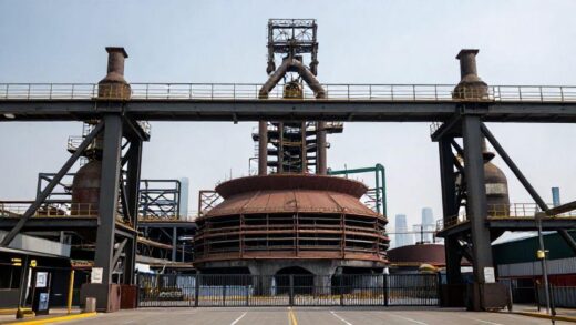A symbolic image of an old, large industrial steel plant with a gate closing, representing the end of an era, with a modern city skyline in the background, conveying industrial change and history.