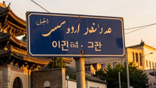 A symbolic street sign in Tehran showing 'Seoul Road' in both Persian and Korean scripts, with traditional Iranian architecture in the background, golden hour lighting, photorealistic style