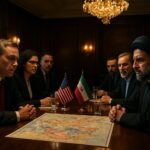 A tense diplomatic meeting between American and Iranian officials in a luxurious hotel conference room in Islamabad, Pakistan, with maps of the Middle East on the table, 2026 style, dramatic lighting, photorealistic