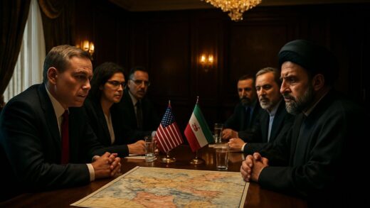 A tense diplomatic meeting between American and Iranian officials in a luxurious hotel conference room in Islamabad, Pakistan, with maps of the Middle East on the table, 2026 style, dramatic lighting, photorealistic