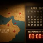 A tense geopolitical war room map showing the Strait of Hormuz with military icons, a calendar showing April 2026 dates, and a countdown timer representing the 60-day war powers act deadline, dramatic lighting