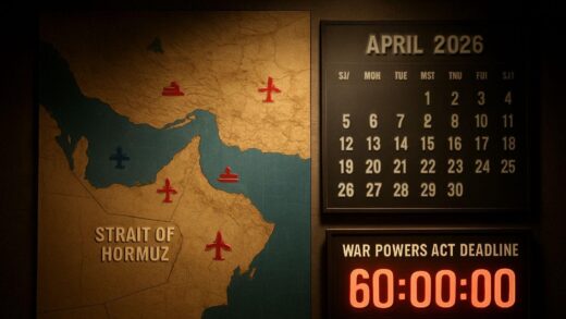 A tense geopolitical war room map showing the Strait of Hormuz with military icons, a calendar showing April 2026 dates, and a countdown timer representing the 60-day war powers act deadline, dramatic lighting