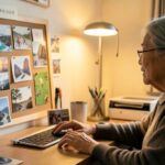 A thoughtful Korean senior person planning their second career life at a cozy home office, looking at a vision board with images of hobbies, travel, and new skills, warm lighting, realistic style, high detail