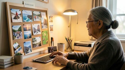 A thoughtful Korean senior person planning their second career life at a cozy home office, looking at a vision board with images of hobbies, travel, and new skills, warm lighting, realistic style, high detail