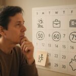 A thoughtful middle-aged person planning their future life, looking at a calendar with milestones marked at ages 50, 60, 75, surrounded by symbols of retirement planning, second career, and financial security, soft morning light, realistic style