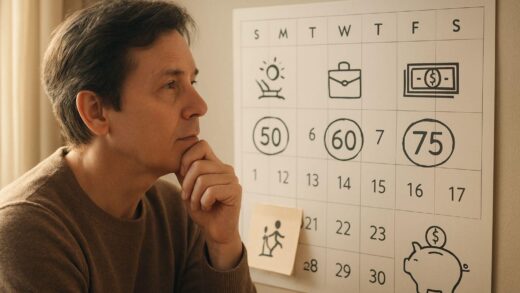 A thoughtful middle-aged person planning their future life, looking at a calendar with milestones marked at ages 50, 60, 75, surrounded by symbols of retirement planning, second career, and financial security, soft morning light, realistic style