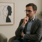 A thoughtful psychiatrist in a modern, calming office, reflecting on human relationships and looking at a subtle line drawing of two contrasting figures, one warm and the other with a hidden shadow.