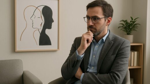 A thoughtful psychiatrist in a modern, calming office, reflecting on human relationships and looking at a subtle line drawing of two contrasting figures, one warm and the other with a hidden shadow.