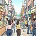 A vibrant, detailed illustration of diverse small business owners (cafe owner, retail shop owner, etc.) happily managing their shops, with subtle digital overlays indicating financial support and growth. The setting is a bustling, modern Korean neighborhood.