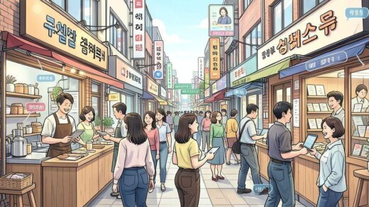 A vibrant, detailed illustration of diverse small business owners (cafe owner, retail shop owner, etc.) happily managing their shops, with subtle digital overlays indicating financial support and growth. The setting is a bustling, modern Korean neighborhood.