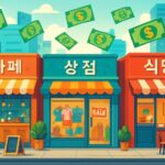 A vibrant, detailed illustration of diverse small business storefronts (cafe, retail, restaurant) in a bustling Korean city, with money icons subtly floating around, indicating financial support and economic activity. The scene should be modern and optimistic.