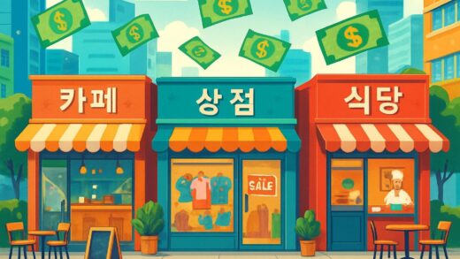 A vibrant, detailed illustration of diverse small business storefronts (cafe, retail, restaurant) in a bustling Korean city, with money icons subtly floating around, indicating financial support and economic activity. The scene should be modern and optimistic.