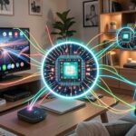 A vibrant, detailed illustration of everyday electronic devices (smartphone, TV, smart speaker, car dashboard) interconnected by glowing lines representing data flow, with a microscopic view of a semiconductor chip at the center, symbolizing its presence in all devices. The setting is a modern, cozy home.