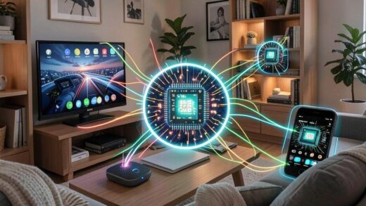 A vibrant, detailed illustration of everyday electronic devices (smartphone, TV, smart speaker, car dashboard) interconnected by glowing lines representing data flow, with a microscopic view of a semiconductor chip at the center, symbolizing its presence in all devices. The setting is a modern, cozy home.