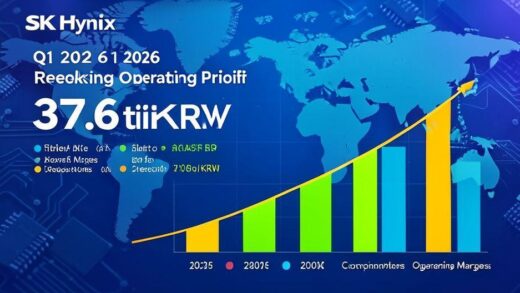 A vibrant financial infographic showcasing SK Hynix's Q1 2026 record-breaking operating profit of 37.6 trillion KRW, alongside a rising bar chart comparing it to previous periods and competitors' operating margins. Semiconductor chips and a world map subtly integrated in the background.