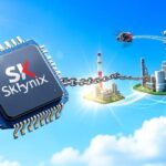 A vibrant image of a powerful, modern chip (representing SK Hynix) pulling a chain of various industrial components and factories (representing other SK subsidiaries) towards a bright future, with a clear blue sky.