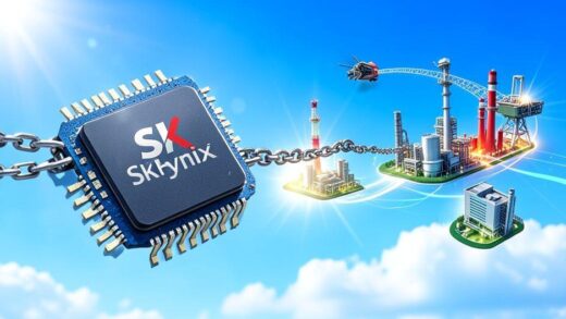 A vibrant image of a powerful, modern chip (representing SK Hynix) pulling a chain of various industrial components and factories (representing other SK subsidiaries) towards a bright future, with a clear blue sky.