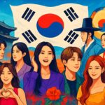 A vibrant montage of K-pop idols, K-drama scenes, and traditional Korean elements, symbolizing Korea's global cultural influence.