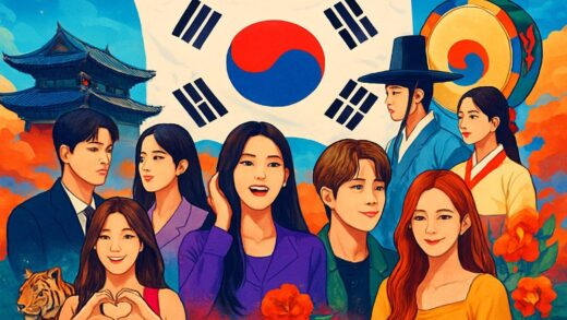 A vibrant montage of K-pop idols, K-drama scenes, and traditional Korean elements, symbolizing Korea's global cultural influence.