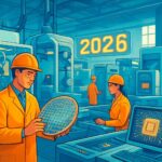 A vibrant, optimistic scene of a busy semiconductor factory floor with advanced machinery and engineers, symbolizing a new era of growth and innovation in 2026.