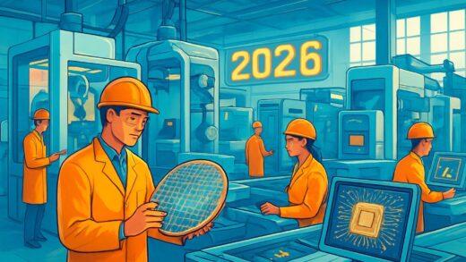 A vibrant, optimistic scene of a busy semiconductor factory floor with advanced machinery and engineers, symbolizing a new era of growth and innovation in 2026.