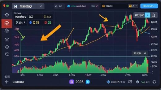 A vibrant stock market screen showing upward trends for both Nasdaq and KOSPI, with positive arrows and a sense of optimism, set in the year 2026.
