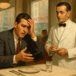 A vintage 1950s New York restaurant scene, a man in a suit looks flustered realizing he forgot his wallet, while a waiter stands patiently.