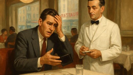 A vintage 1950s New York restaurant scene, a man in a suit looks flustered realizing he forgot his wallet, while a waiter stands patiently.