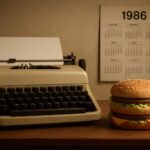 A vintage typewriter on a wooden desk with a 1986 calendar in the background, a modern Big Mac burger placed next to it, symbolizing the origin of the Big Mac Index concept in economic journalism.
