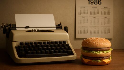 A vintage typewriter on a wooden desk with a 1986 calendar in the background, a modern Big Mac burger placed next to it, symbolizing the origin of the Big Mac Index concept in economic journalism.