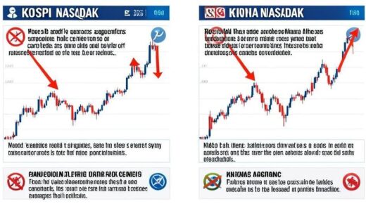 A visual comparison between KOSPI and NASDAQ stock market charts showing opposite movements, with arrows pointing up for NASDAQ and down for KOSPI, surrounded by news headlines about ceasefire agreements and geopolitical tension symbols.