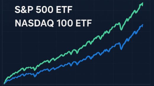 A visual comparison chart showing SP 500 and Nasdaq 100 ETFs performance over time, with upward trending lines in blue and green on a financial dashboard.