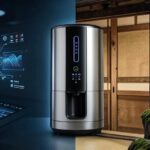 A visual contrast showing modern digital technology on one side and traditional Japanese craftsmanship on the other, with a styler appliance in the center, representing Japan's technological dilemma.