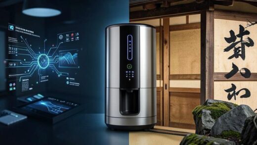 A visual contrast showing modern digital technology on one side and traditional Japanese craftsmanship on the other, with a styler appliance in the center, representing Japan's technological dilemma.