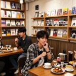 A visual contrast showing old anti-Korean bookstores in Japan versus modern Japanese youth enjoying K-pop and Korean dramas in a cozy Tokyo cafe, with subtle Korean product placements in the background.