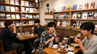 A visual contrast showing old anti-Korean bookstores in Japan versus modern Japanese youth enjoying K-pop and Korean dramas in a cozy Tokyo cafe, with subtle Korean product placements in the background.