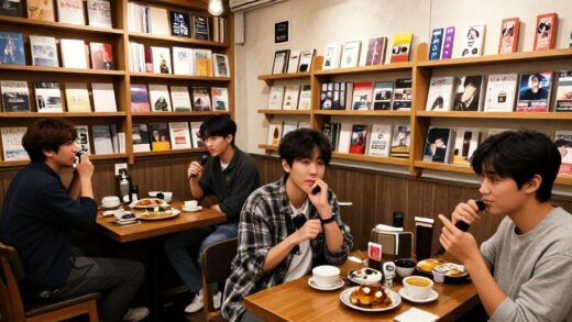 A visual contrast showing old anti-Korean bookstores in Japan versus modern Japanese youth enjoying K-pop and Korean dramas in a cozy Tokyo cafe, with subtle Korean product placements in the background.