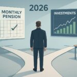A visual metaphor showing a person at a crossroads with two paths: one leading to a monthly pension payment calendar and the other leading to an investment portfolio chart, set in a modern financial planning office in 2026.