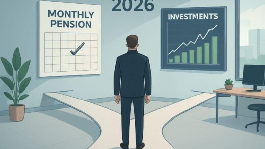 A visual metaphor showing a person at a crossroads with two paths: one leading to a monthly pension payment calendar and the other leading to an investment portfolio chart, set in a modern financial planning office in 2026.