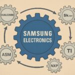 A visual metaphor showing Samsung Electronics as a large central gear, with smaller gears representing supplier companies connected to it, illustrating how profits flow from the main company to secondary beneficiaries in the semiconductor industry.