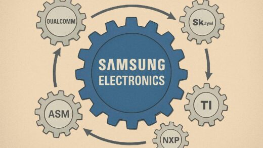 A visual metaphor showing Samsung Electronics as a large central gear, with smaller gears representing supplier companies connected to it, illustrating how profits flow from the main company to secondary beneficiaries in the semiconductor industry.
