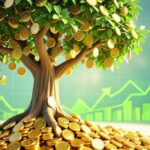 A visual representation of compound interest magic with growing money tree, showing small dividend coins turning into large investment returns over time, 3D illustration with golden coins and green financial growth charts in background, bright optimistic lighting.