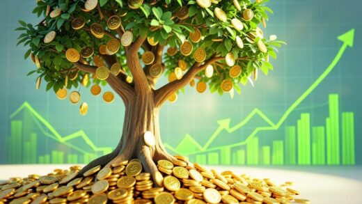 A visual representation of compound interest magic with growing money tree, showing small dividend coins turning into large investment returns over time, 3D illustration with golden coins and green financial growth charts in background, bright optimistic lighting.