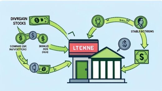A visual representation of dividend stocks with cash flowing from a company building to investors, showing stable income streams