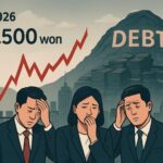 A visual representation of economic crisis in 2026 showing high exchange rate graphs, debt mountains, and worried investors in Seoul cityscape with 1500 won to dollar exchange rate