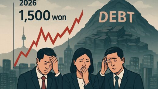 A visual representation of economic crisis in 2026 showing high exchange rate graphs, debt mountains, and worried investors in Seoul cityscape with 1500 won to dollar exchange rate